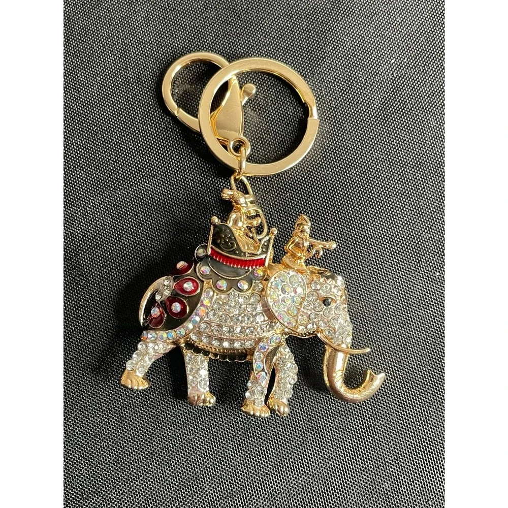 Gold Tone Rhinestone Elephant Keychain Bag Charm Crystal Enamel Heart Back